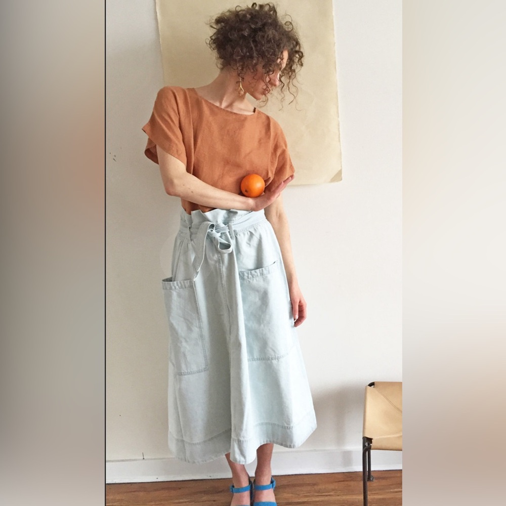 Rachel Antonoff Women Light Blue Anastasia Denim Paper Bag Waist Midi Skirt SZ M